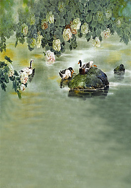 湖面鴛鴦花朵H5背景