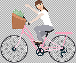 白衣女子騎自行車買菜免摳png透明素材