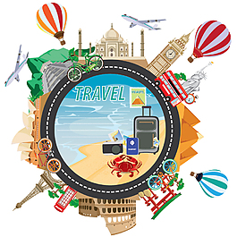 圓形夏日旅游插畫(huà)風(fēng)海灘建筑矢量素材