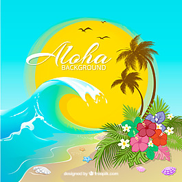 扁平唯美手繪夏季沙灘海邊插畫