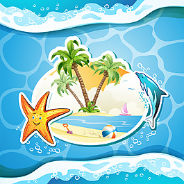 卡通海水插畫夏日沙灘海洋帆船矢量
