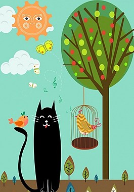 鸟类的猫背景五彩卡通装饰免费矢量