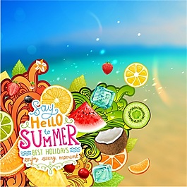沙灘上的水果夏日矢量背景