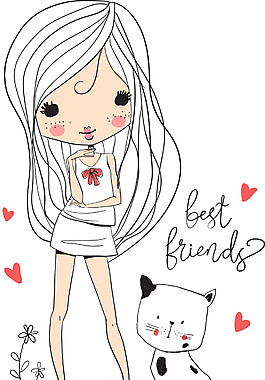 可愛的女生和小貓插畫