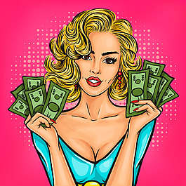 手繪愛金錢的美女插畫