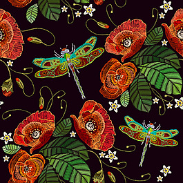 刺繡花朵和蜻蜓背景