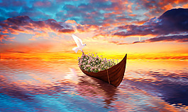 夢幻湖泊花船鴿子廣告背景