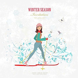 手繪女生冬天滑雪插畫矢量設(shè)計素材