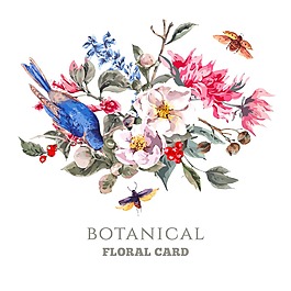 水彩繪花朵和小鳥插畫