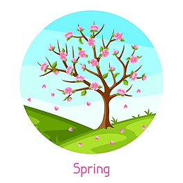 春天開滿桃花的桃樹插畫