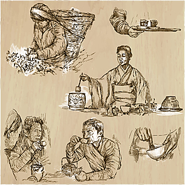 手繪喝茶和采茶的插畫