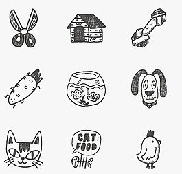 剪刀小猫小狗图标矢量