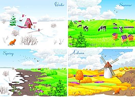 春夏秋冬四季的風景插畫