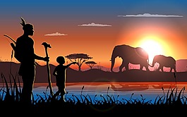 夕陽下的非洲動物插畫
