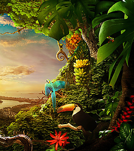梦幻小清新鹦鹉森林背景