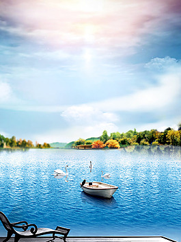 小清新休閑湖邊小船背景