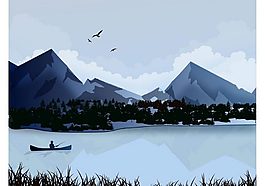 湖泊山體樹林素材