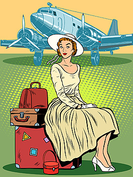 机场等飞机的美女插画
