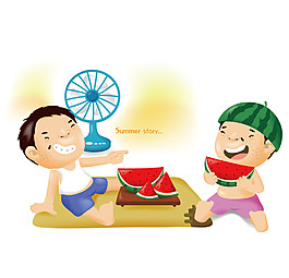吹風(fēng)扇吃西瓜大暑節(jié)氣圖