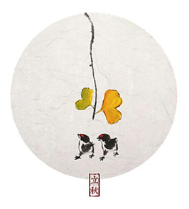 圓形落葉小鳥立秋素材
