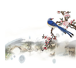 中國(guó)風(fēng)國(guó)畫鳥語(yǔ)花香PNG元素
