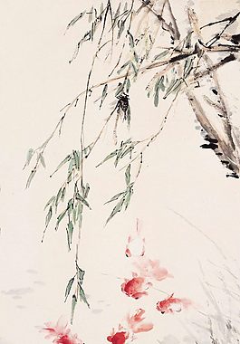 中国风水墨金鱼柳玄关装饰画背景墙
