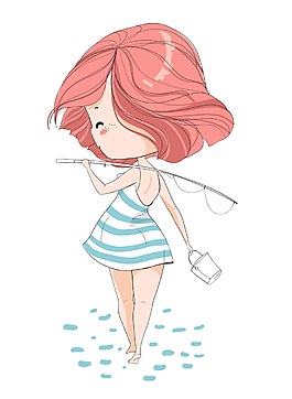 可愛卡通女孩釣魚裝飾素材