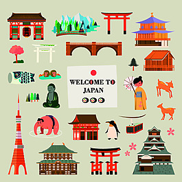 日本旅游手繪標志性建筑矢量素材