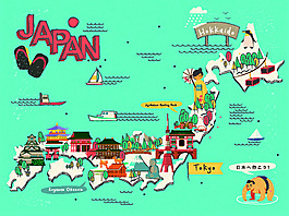 藍(lán)色日本旅游手繪裝飾地圖矢量素材