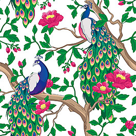 孔雀樹枝花朵無縫背景圖