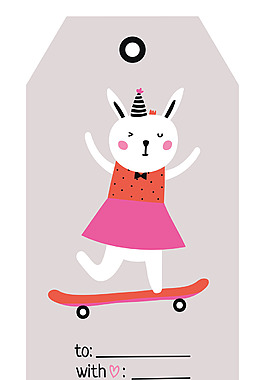 卡通玩滑板的兔子標簽設計矢量素材