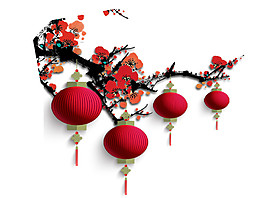 紅色燈籠梅花枝PNG元素