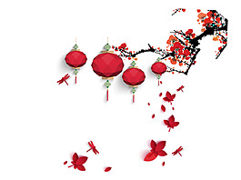 紅色梅花枝燈籠PNG元素