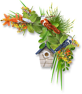綠色鳥(niǎo)屋花束藤蔓裝飾圖