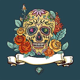 時尚骷髏與鮮花矢量素材