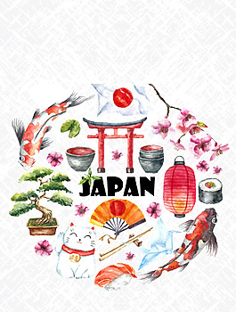矢量古風(fēng)水彩日本景點(diǎn)旅游背景