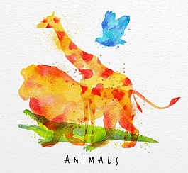卡通水彩動物暈染矢量素材