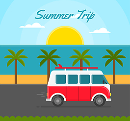 海邊行駛的旅行車矢量