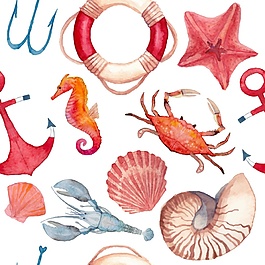 水彩夏日紅色海洋生物元素