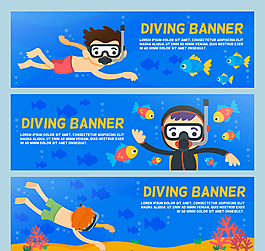 3款卡通潛水人物banner矢量