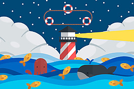 燈塔章魚背景矢量素材