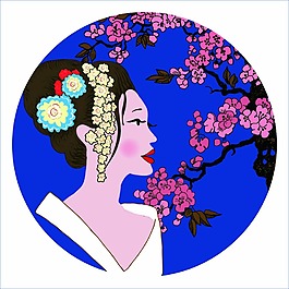 藍色背景日本風(fēng)情人物速寫矢量合集