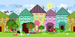 歐洲小屋粉色四季風(fēng)景