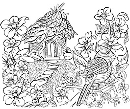 黑白線條小鳥插畫