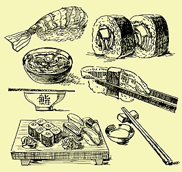 黑白手繪日本壽司插畫