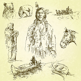 素描創(chuàng)意動物與土著人像素材