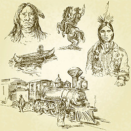 火車土著人像鉛筆畫素描素材