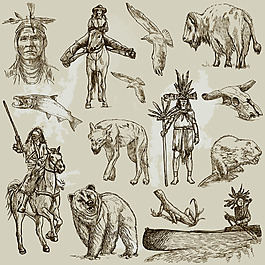 打獵土著人像鉛筆畫素描素材