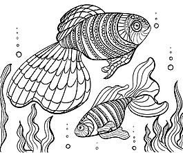 黑白線條金魚插畫