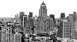 黑白手繪城市建筑插畫